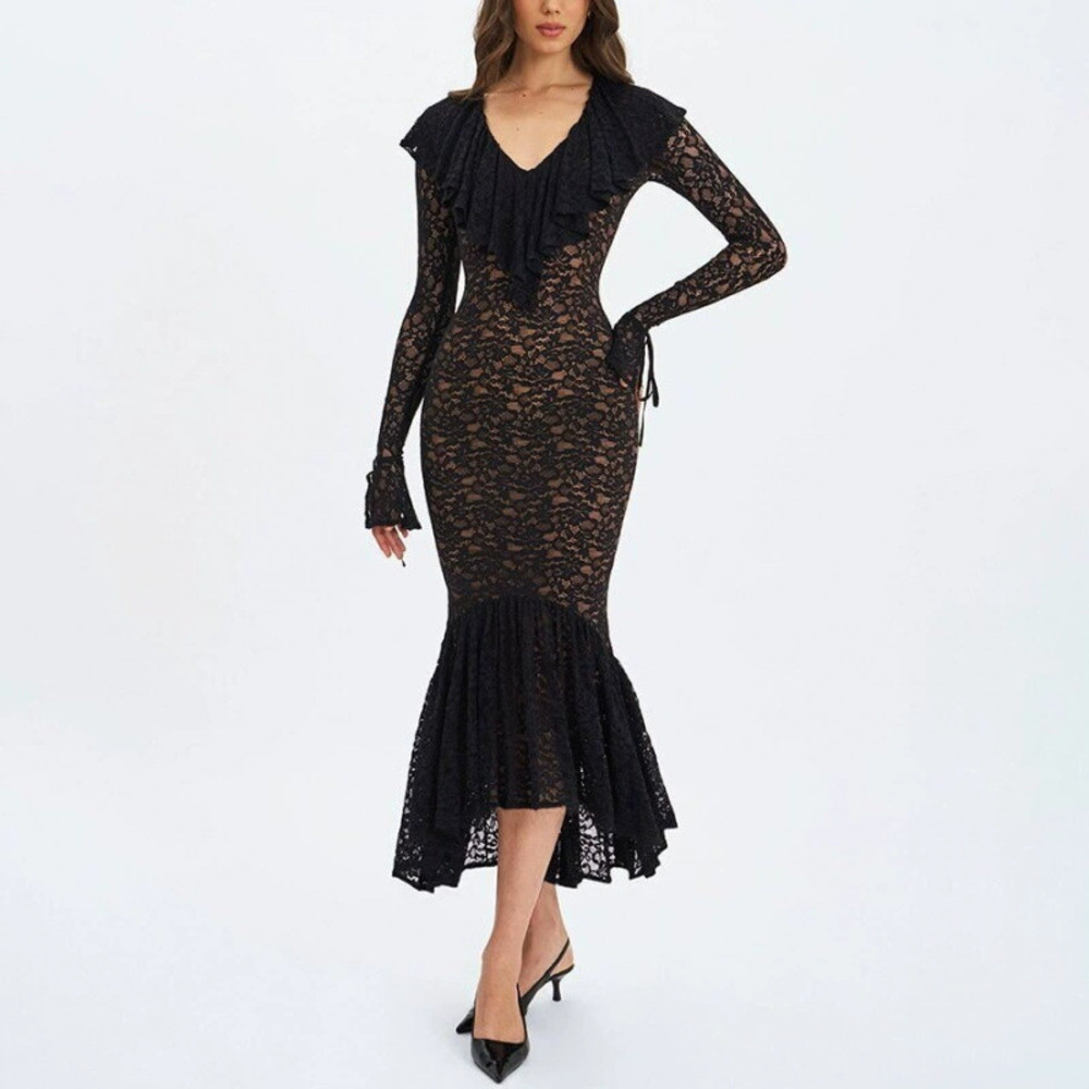 Zara Lace Sheer Mermaid Dress Slim Fit Bell Sleeve Fall Winter